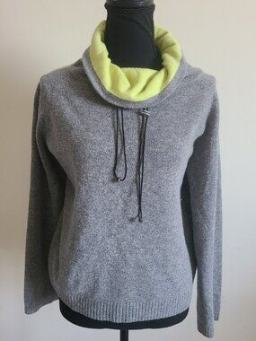 Lisa Todd Cashmere Merino Wool Energy Sweater Cowl Neck Gray Lime Trim Size M